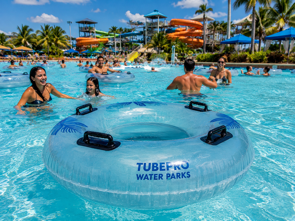 People enjoying a pool with Tubefro Water Parks float in the foreground