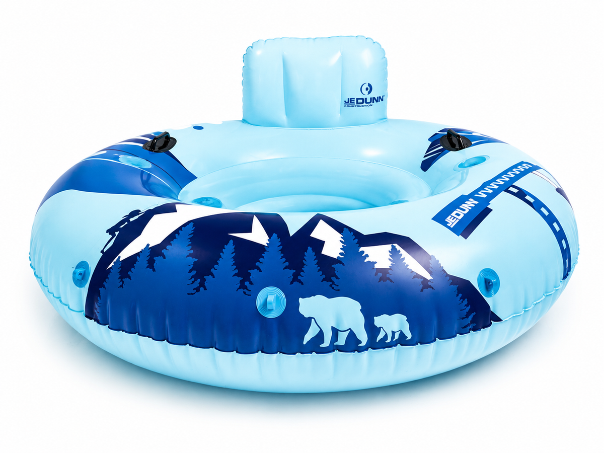 Inflatable tube with bear and mountain design on a white background