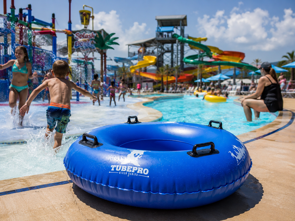 Blue inflatable tube in a water park with children playing in the background