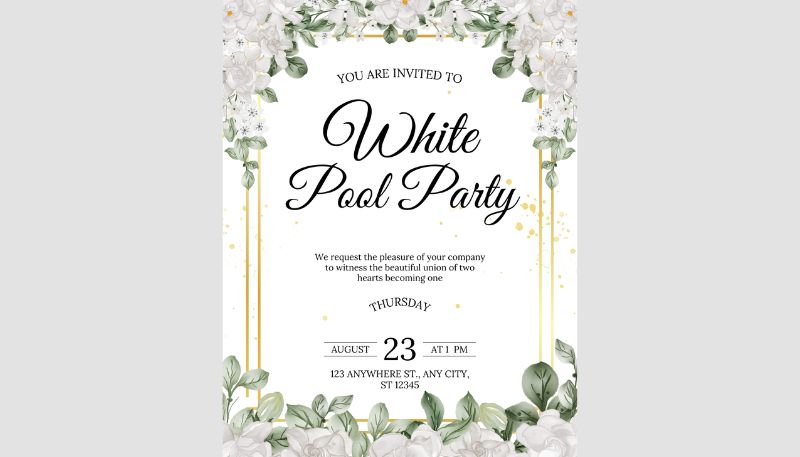 white pool party invitation